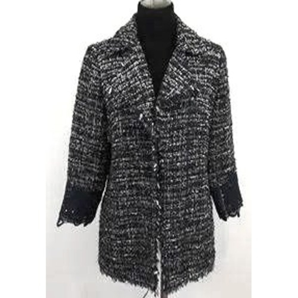 Chicos Tweed Blazer Jacket Womens S Blue Lace Trim Open Career Professional